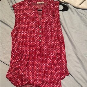 Red Buttoned Blouse with Mandarin Collar